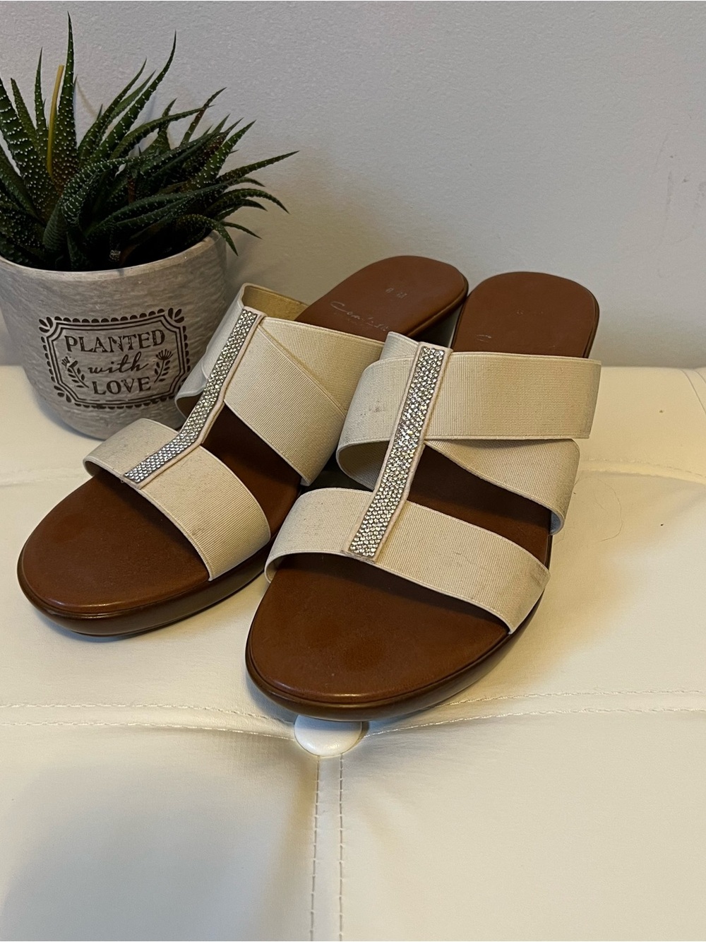 Women’s Cream Slip-On Sandals with Crystal Accent